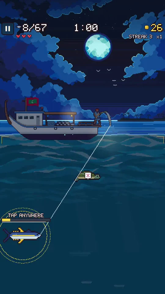 Reeling in a big fish at night